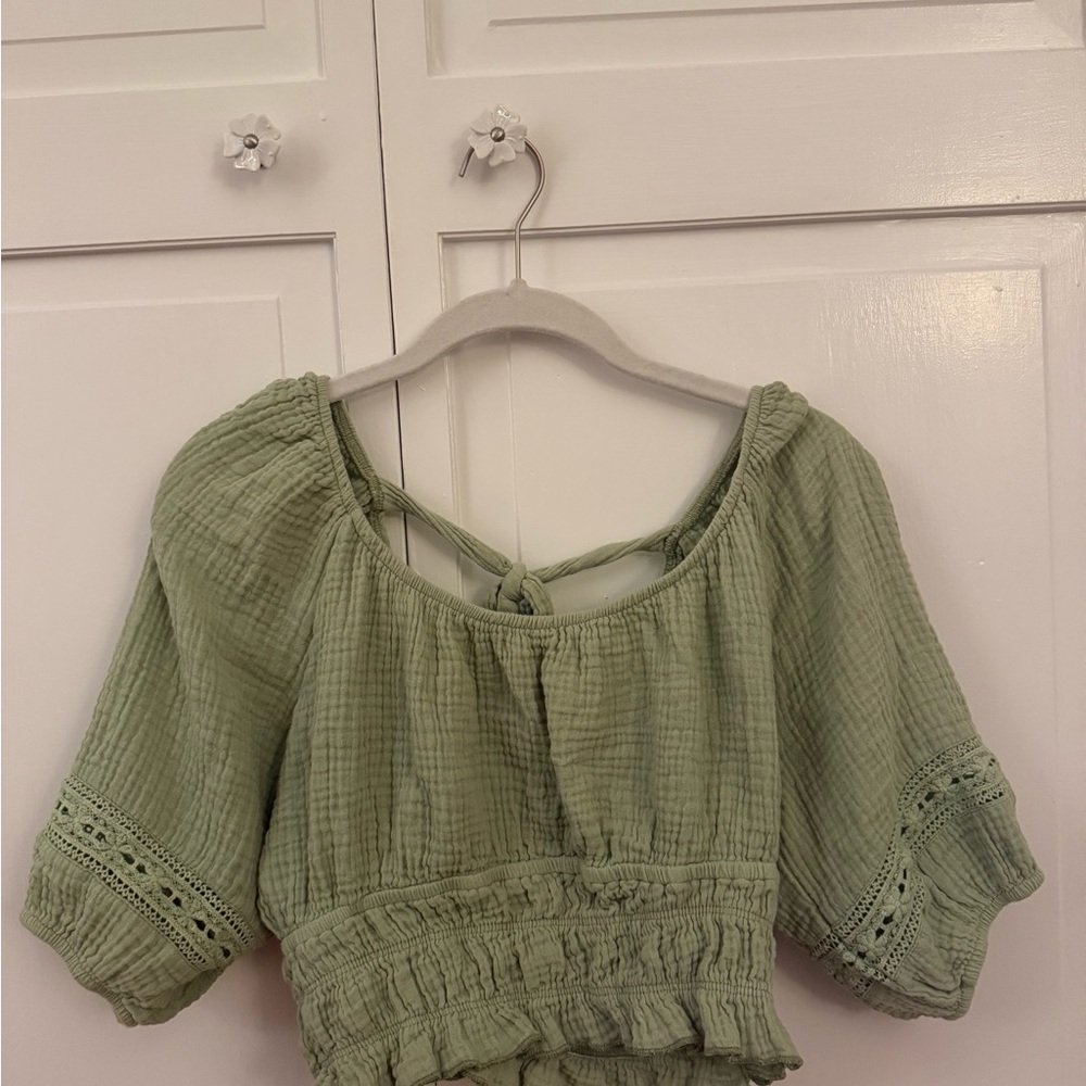 Altar'd State Green Puff Sleeve Blouse with Smocked Tie Front